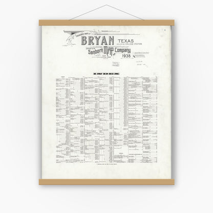 Old map wall art mockup — magnetic wood frame on white wall — Sanborn Fire Insurance Map from Bryan, Brazos County, Texas (1938), Sheet #0001