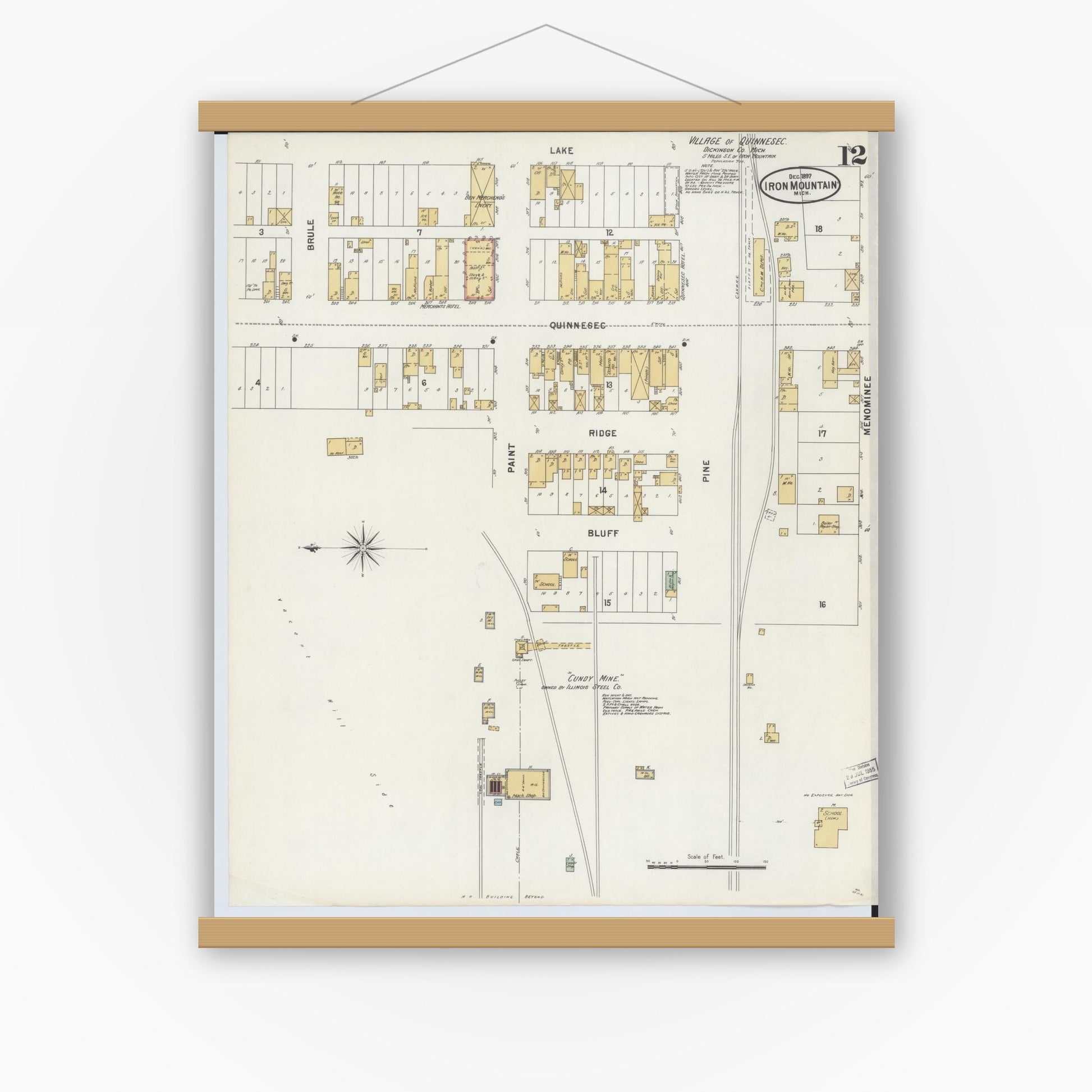 Old map wall art mockup — magnetic wood frame on white wall — Sanborn Fire Insurance Map from Iron Mountain, Dickinson County, Michigan (1897), Sheet #0012