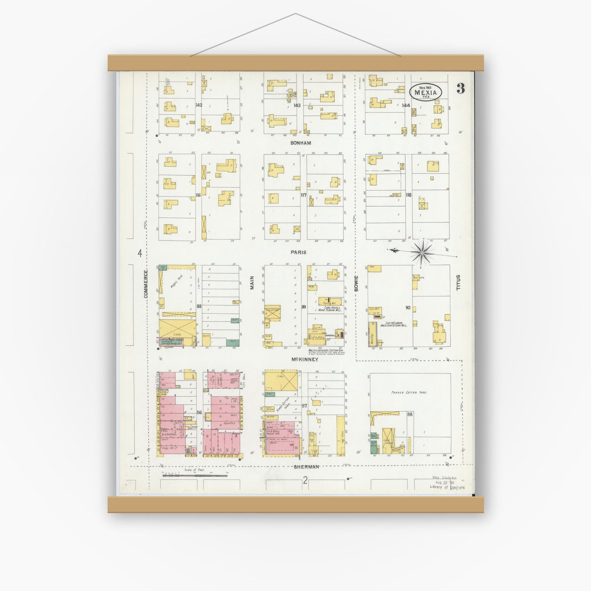 Old map wall art mockup — magnetic wood frame on white wall — Sanborn Fire Insurance Map from Mexia, Limestone County, Texas (1901), Sheet #0003