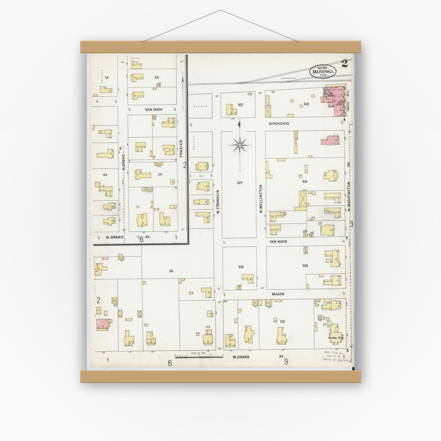 Old map wall art mockup — magnetic wood frame on white wall — Sanborn Fire Insurance Map from Marshall, Harrison County, Texas (1899), Sheet #0002