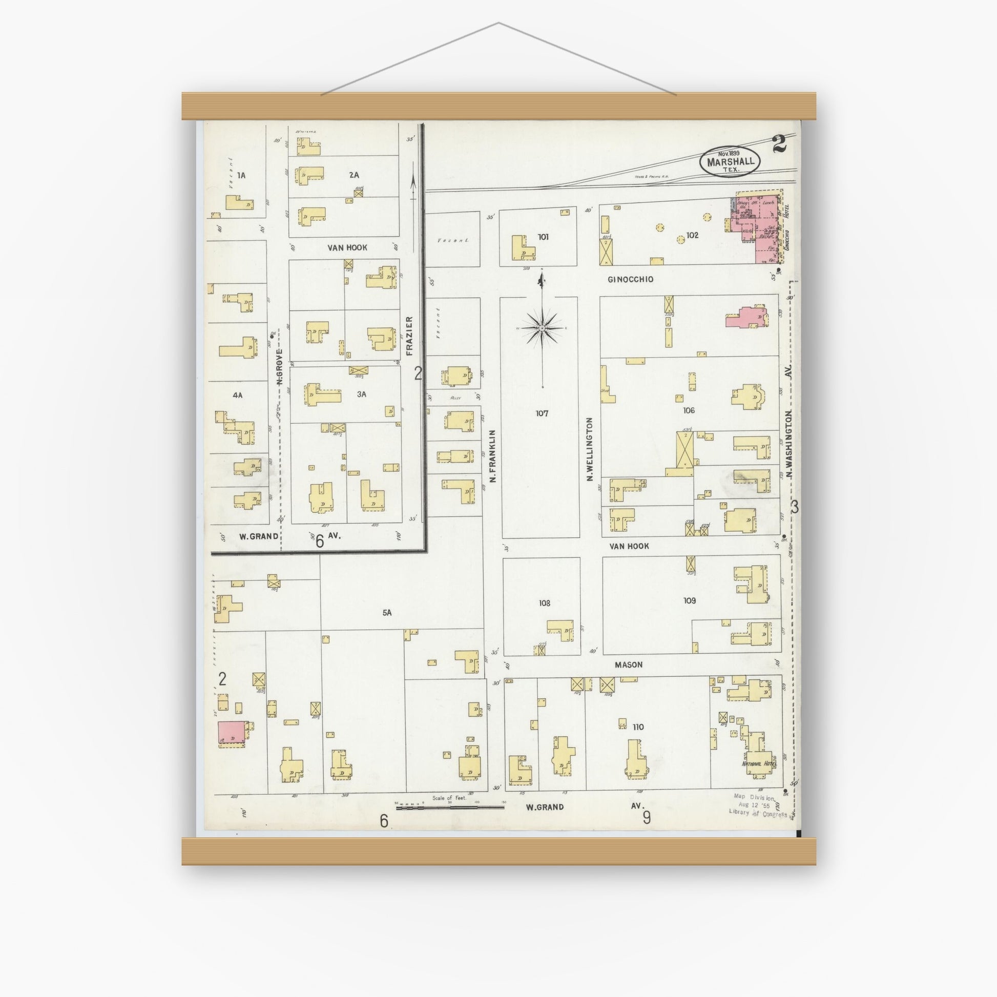 Old map wall art mockup — magnetic wood frame on white wall — Sanborn Fire Insurance Map from Marshall, Harrison County, Texas (1899), Sheet #0002