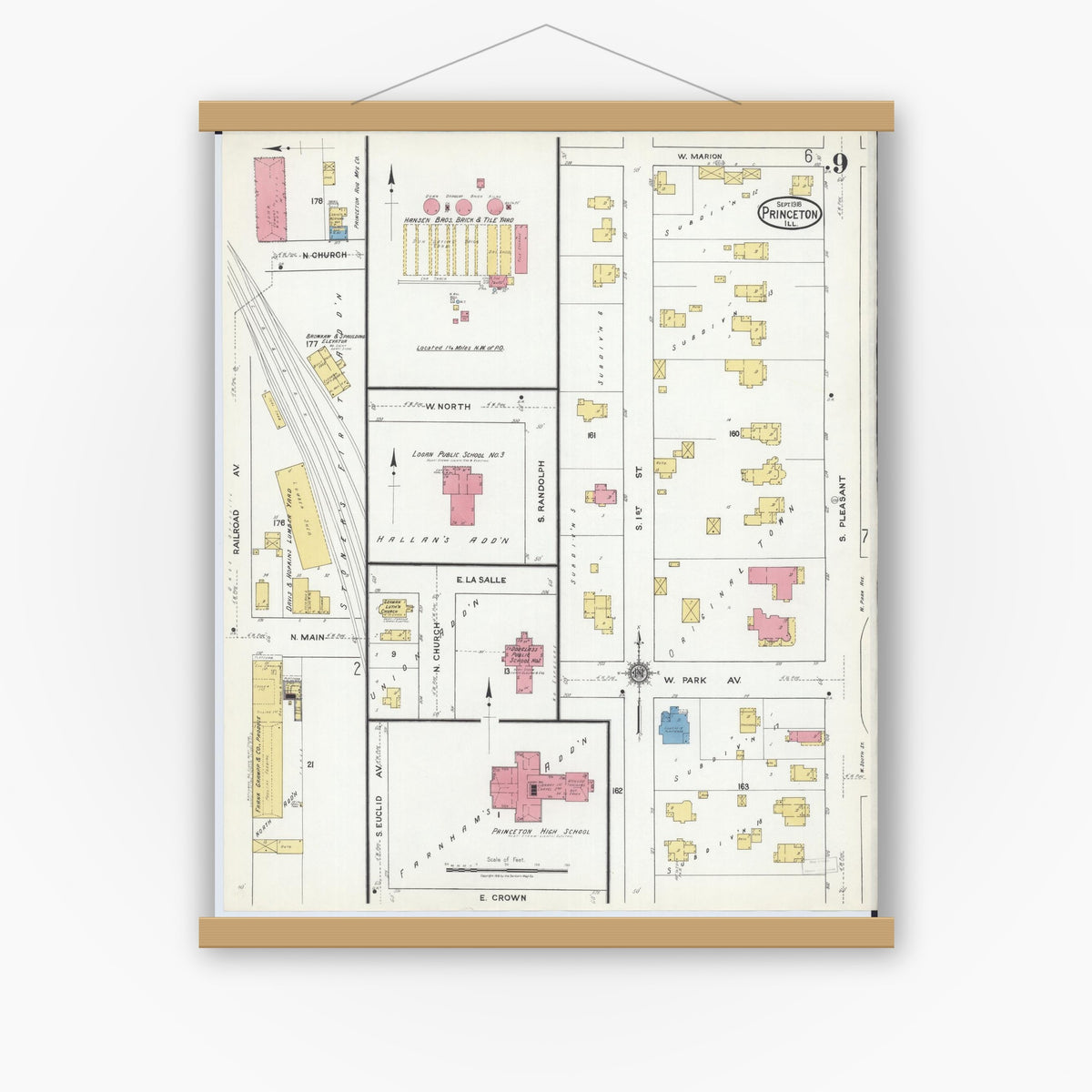 Old map wall art mockup — magnetic wood frame on white wall — Sanborn Fire Insurance Map from Princeton, Bureau County, Illinois (1918), Sheet #0009