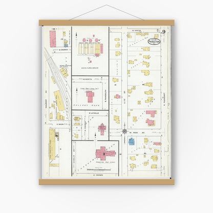 Old map wall art mockup — magnetic wood frame on white wall — Sanborn Fire Insurance Map from Princeton, Bureau County, Illinois (1918), Sheet #0009