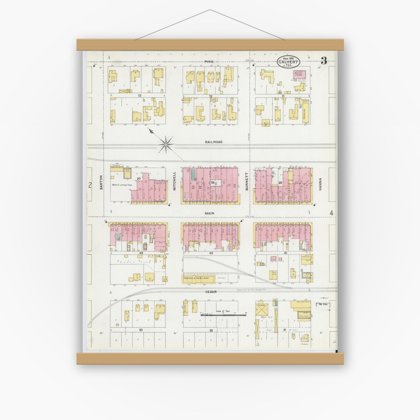 Old map wall art mockup — magnetic wood frame on white wall — Sanborn Fire Insurance Map from Calvert, Robertson County, Texas (1906), Sheet #0003