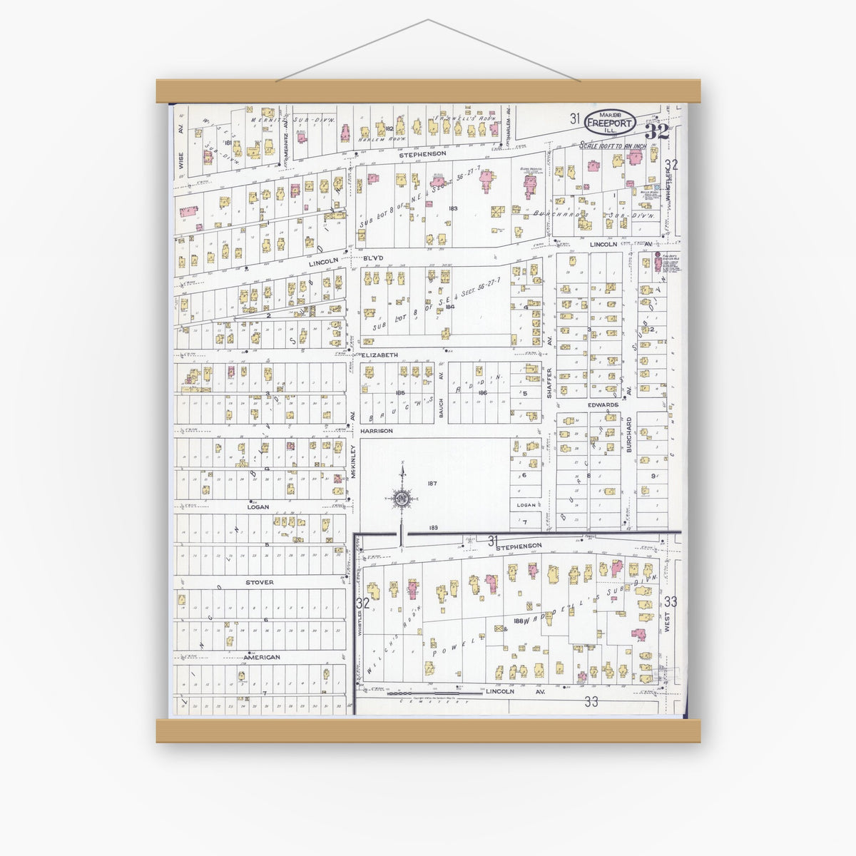 Old map wall art mockup — magnetic wood frame on white wall — Sanborn Fire Insurance Map from Freeport, Stephenson County, Illinois (1918), Sheet #0032