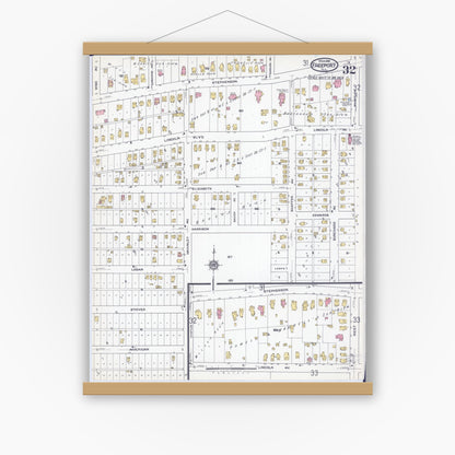 Old map wall art mockup — magnetic wood frame on white wall — Sanborn Fire Insurance Map from Freeport, Stephenson County, Illinois (1918), Sheet #0032