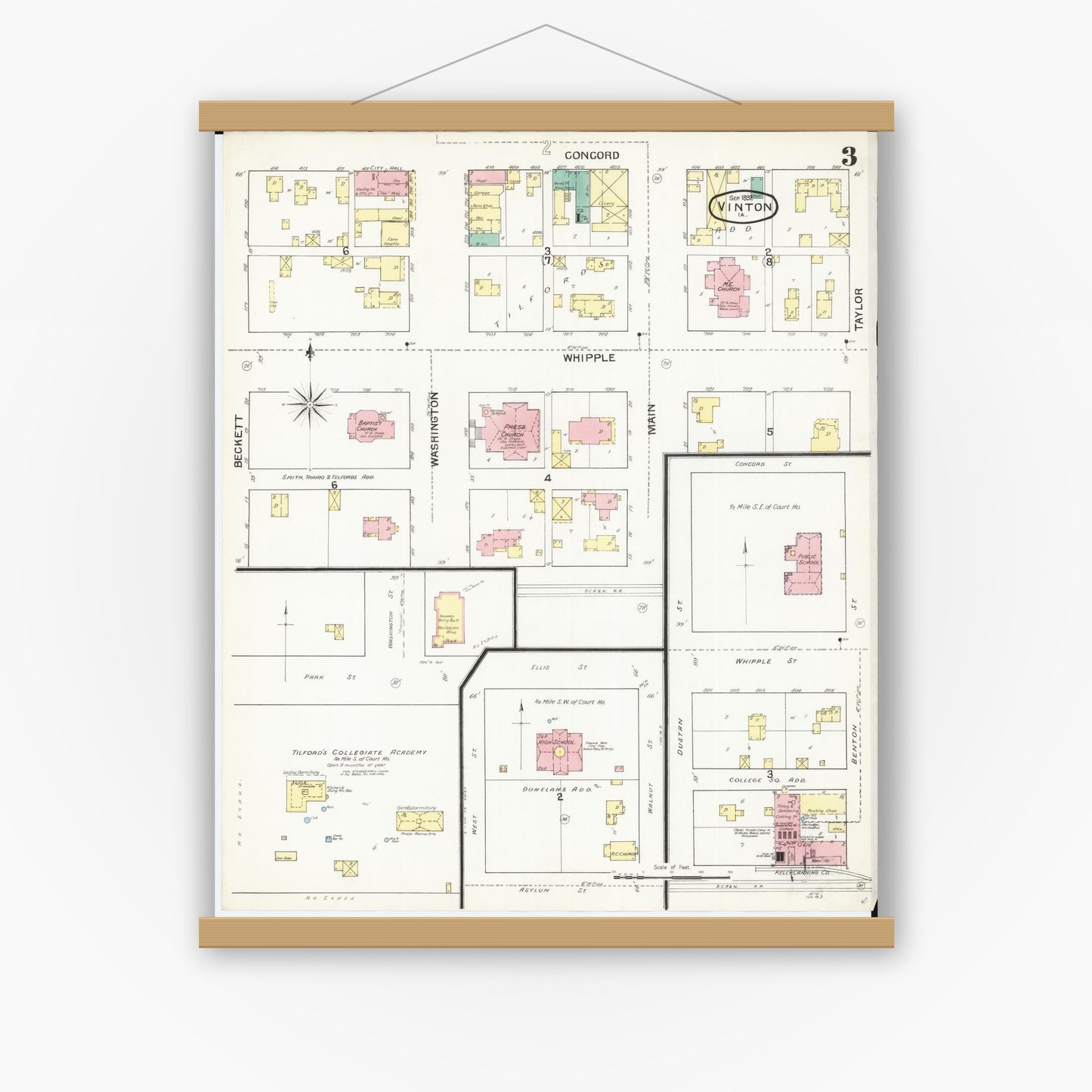 Old map wall art mockup — magnetic wood frame on white wall — Sanborn Fire Insurance Map from Vinton, Benton County, Iowa (1892), Sheet #0003