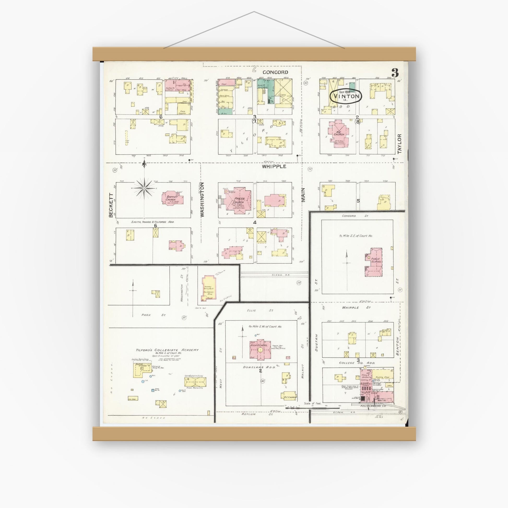 Old map wall art mockup — magnetic wood frame on white wall — Sanborn Fire Insurance Map from Vinton, Benton County, Iowa (1892), Sheet #0003
