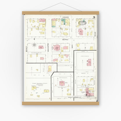 Old map wall art mockup — magnetic wood frame on white wall — Sanborn Fire Insurance Map from Vinton, Benton County, Iowa (1892), Sheet #0003