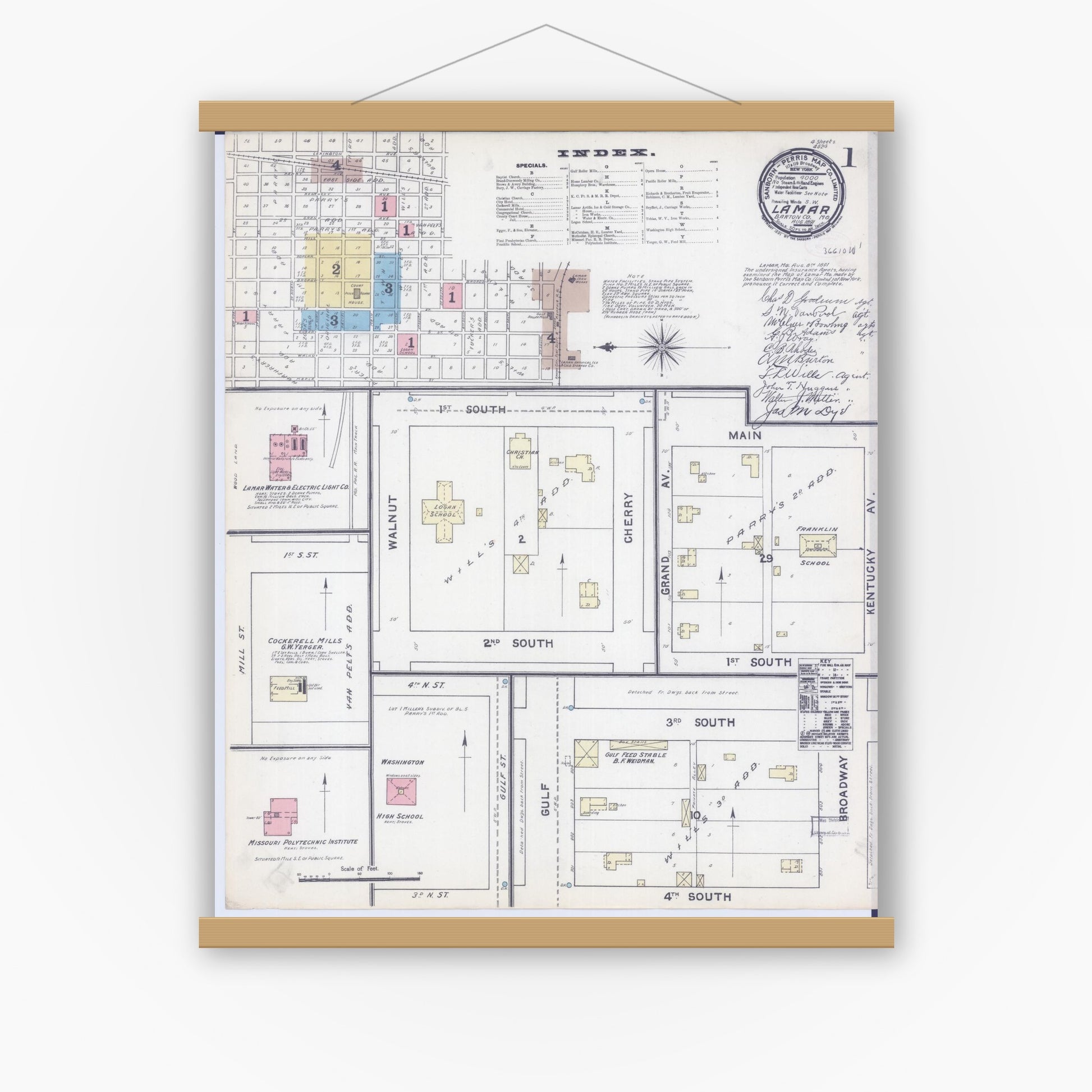 Old map wall art mockup — magnetic wood frame on white wall — Sanborn Fire Insurance Map from Lamar, Barton County, Missouri (1891), Sheet #0001