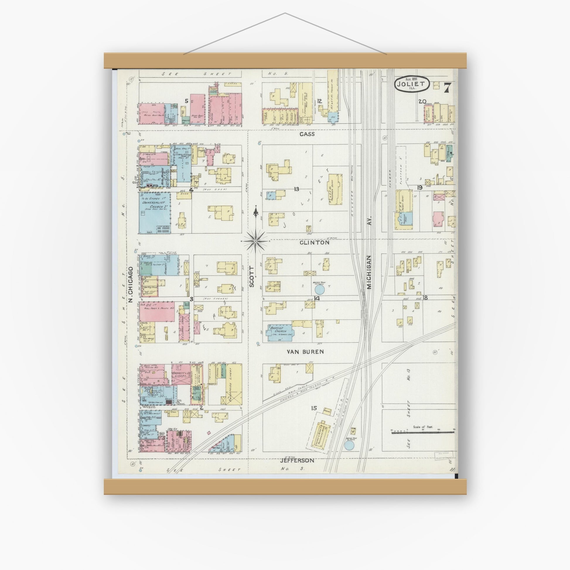 Old map wall art mockup — magnetic wood frame on white wall — Sanborn Fire Insurance Map from Joliet, Will County, Illinois (1891), Sheet #0007