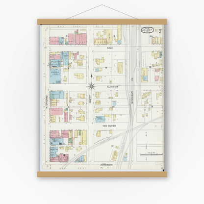 Old map wall art mockup — magnetic wood frame on white wall — Sanborn Fire Insurance Map from Joliet, Will County, Illinois (1891), Sheet #0007