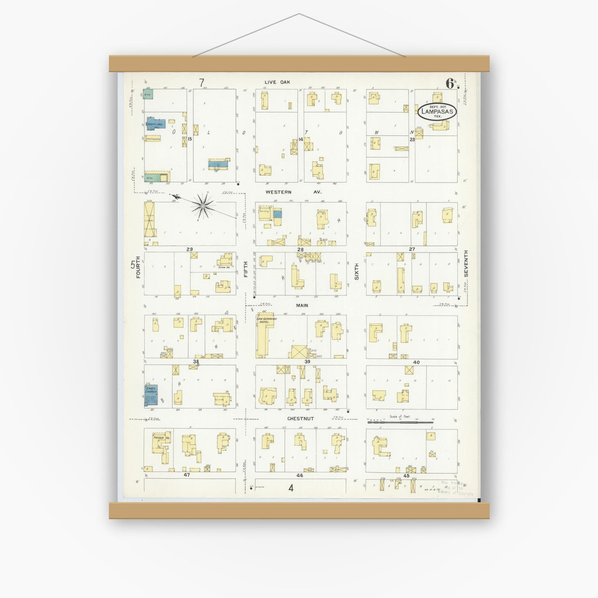 Old map wall art mockup — magnetic wood frame on white wall — Sanborn Fire Insurance Map from Lampasas, Lampasas County, Texas (1907), Sheet #0006