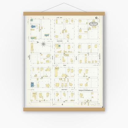 Old map wall art mockup — magnetic wood frame on white wall — Sanborn Fire Insurance Map from Lampasas, Lampasas County, Texas (1907), Sheet #0006