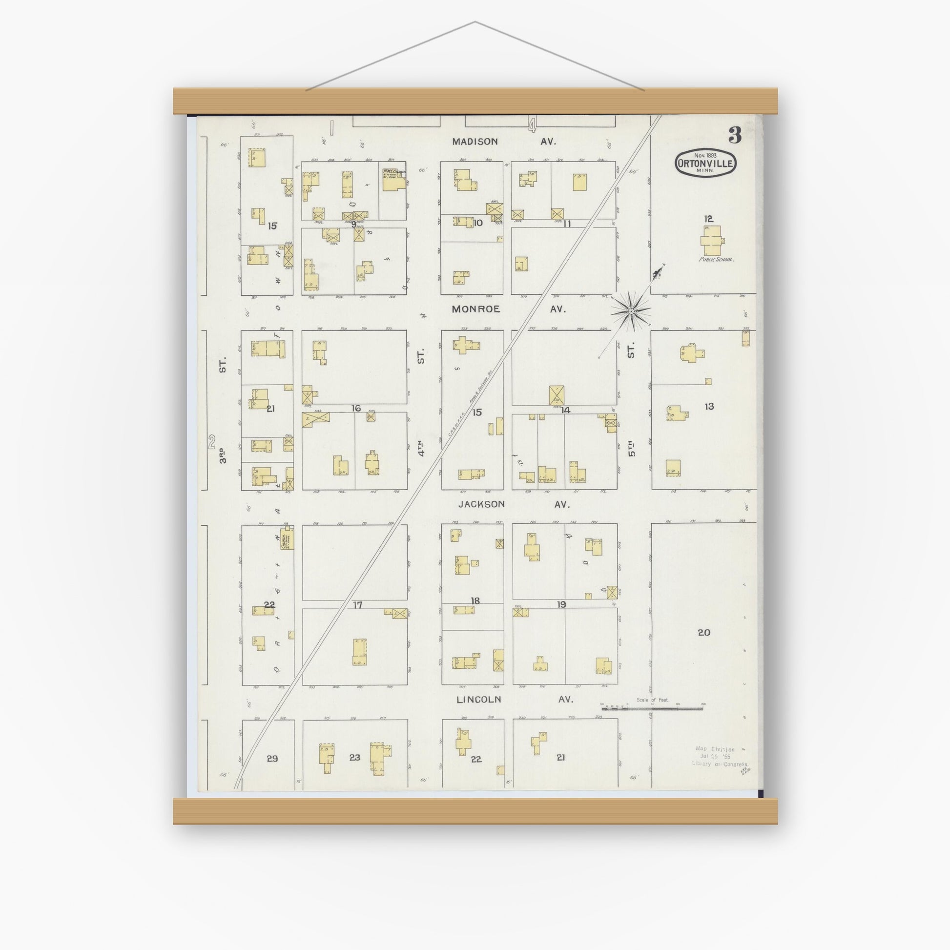 Old map wall art mockup — magnetic wood frame on white wall — Sanborn Fire Insurance Map from Ortonville, Big Stone County, Minnesota (1893), Sheet #0003