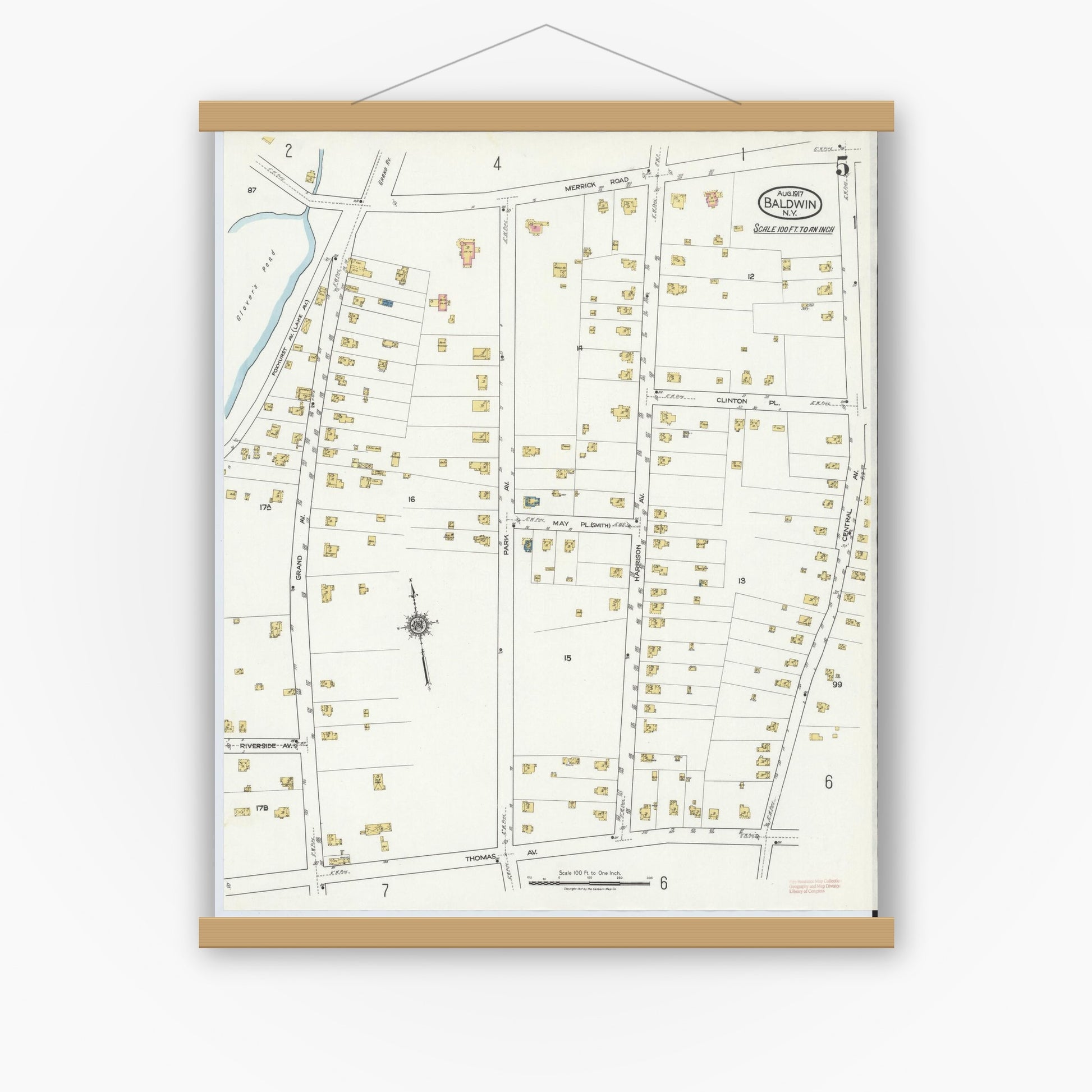 Old map wall art mockup — magnetic wood frame on white wall — Sanborn Fire Insurance Map from Baldwin, Nassau County, New York (1917), Sheet #0005
