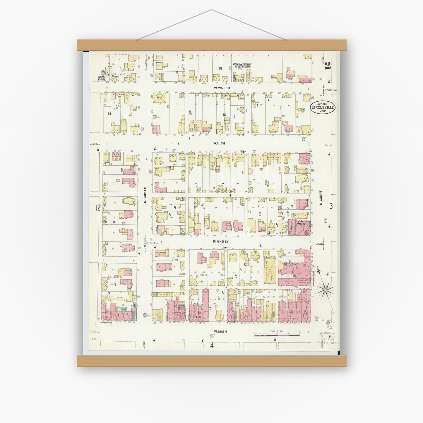 Old map wall art mockup — magnetic wood frame on white wall — Sanborn Fire Insurance Map from Circleville, Pickaway County, Ohio (1907), Sheet #0002