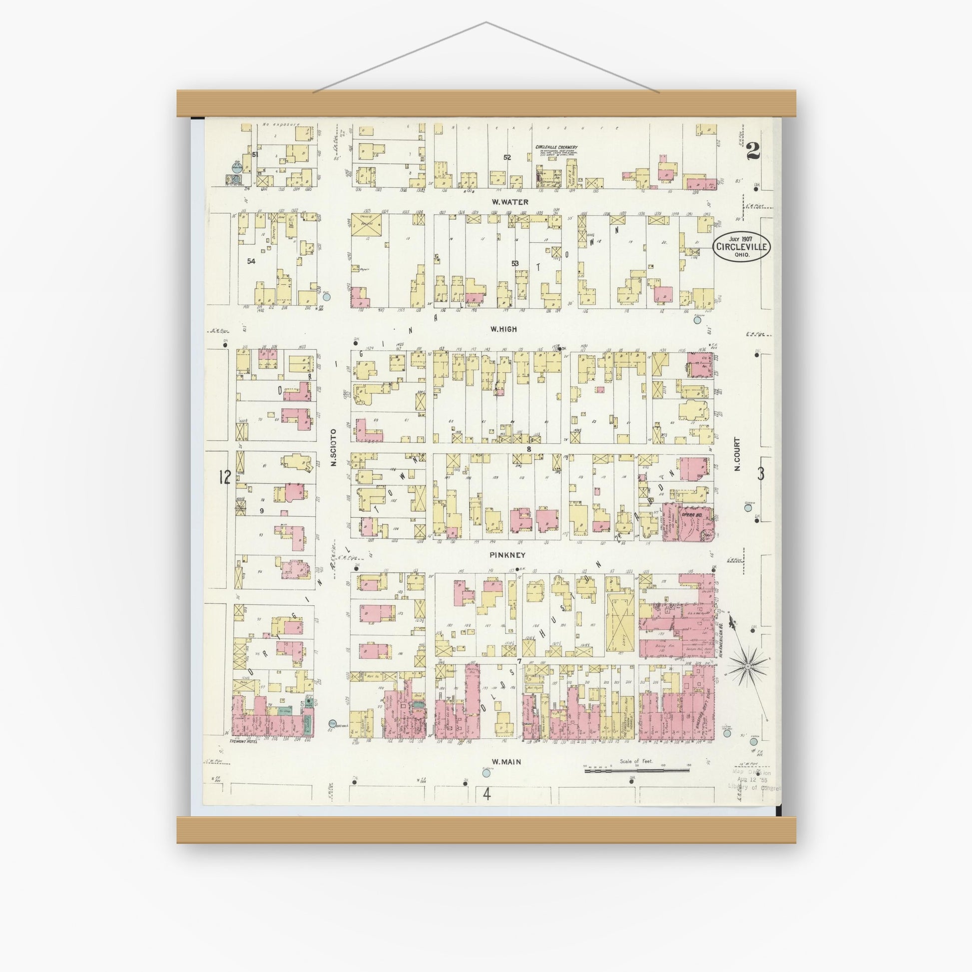 Old map wall art mockup — magnetic wood frame on white wall — Sanborn Fire Insurance Map from Circleville, Pickaway County, Ohio (1907), Sheet #0002