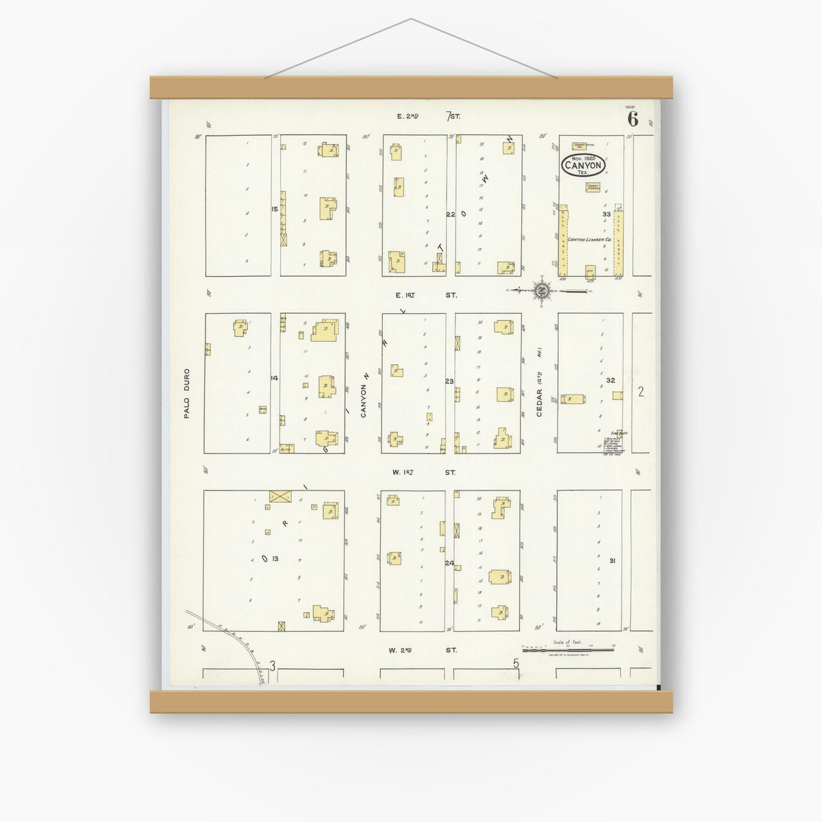 Old map wall art mockup — magnetic wood frame on white wall — Sanborn Fire Insurance Map from Canyon, Randall County, Texas (1920), Sheet #0006