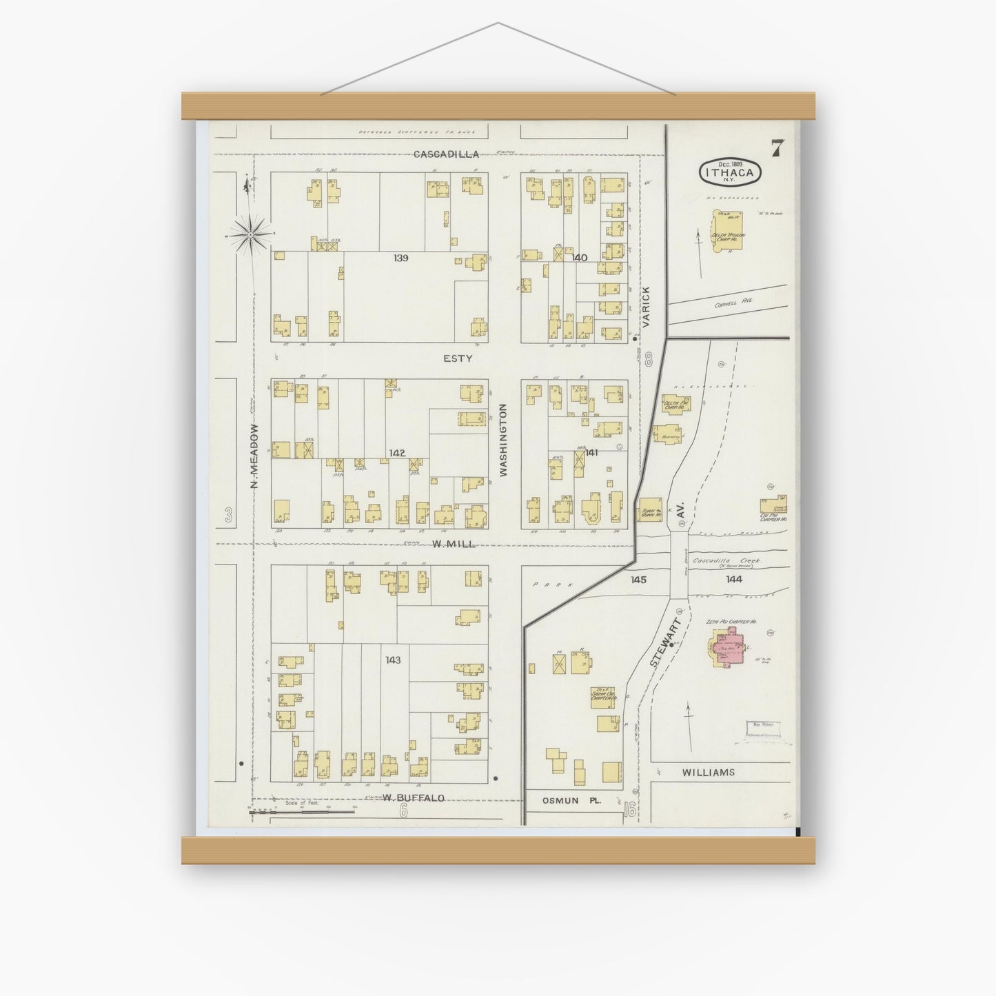Old map wall art mockup — magnetic wood frame on white wall — Sanborn Fire Insurance Map from Ithaca, Tompkins County, New York (1893), Sheet #0007