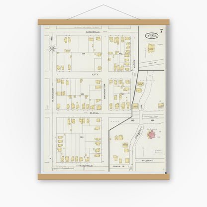 Old map wall art mockup — magnetic wood frame on white wall — Sanborn Fire Insurance Map from Ithaca, Tompkins County, New York (1893), Sheet #0007