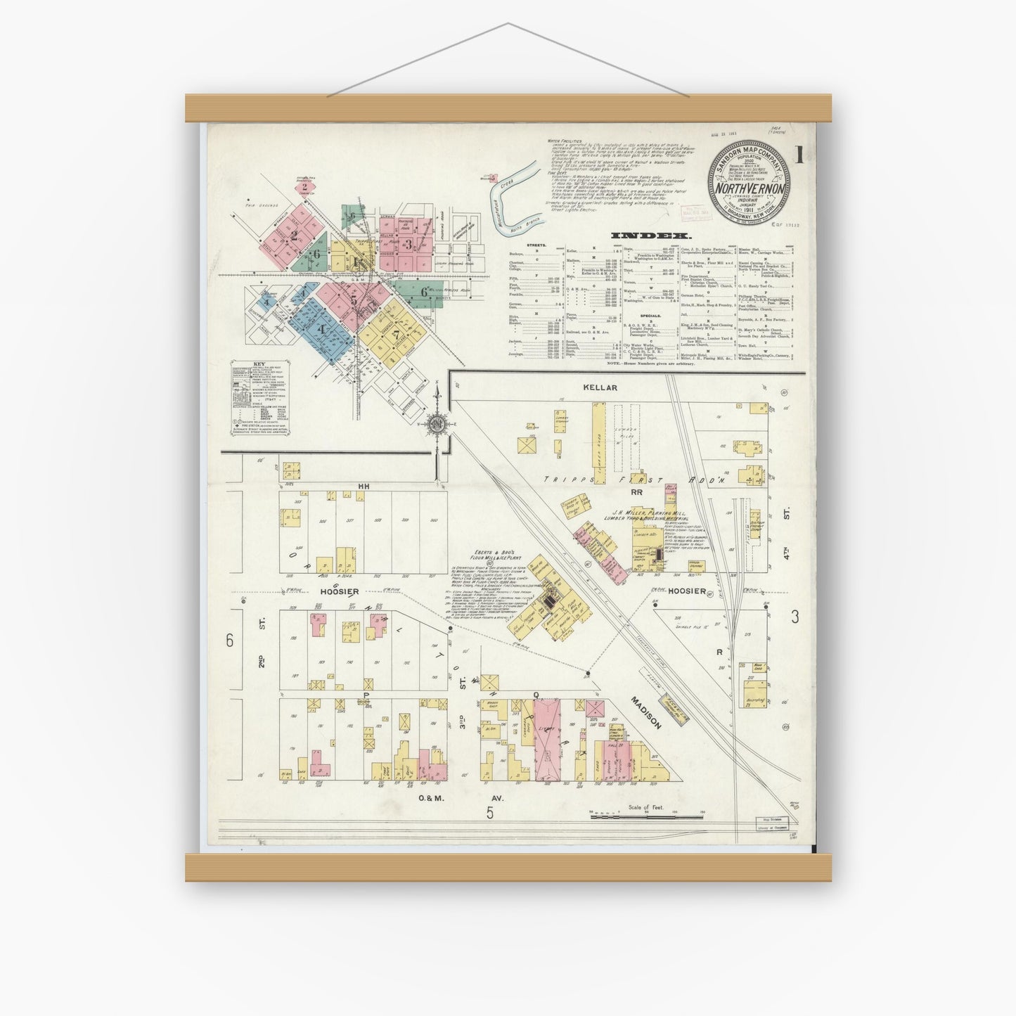 Old map wall art mockup — magnetic wood frame on white wall — Sanborn Fire Insurance Map from North Vernon, Jennings County, Indiana (1911) - Complete Map Set