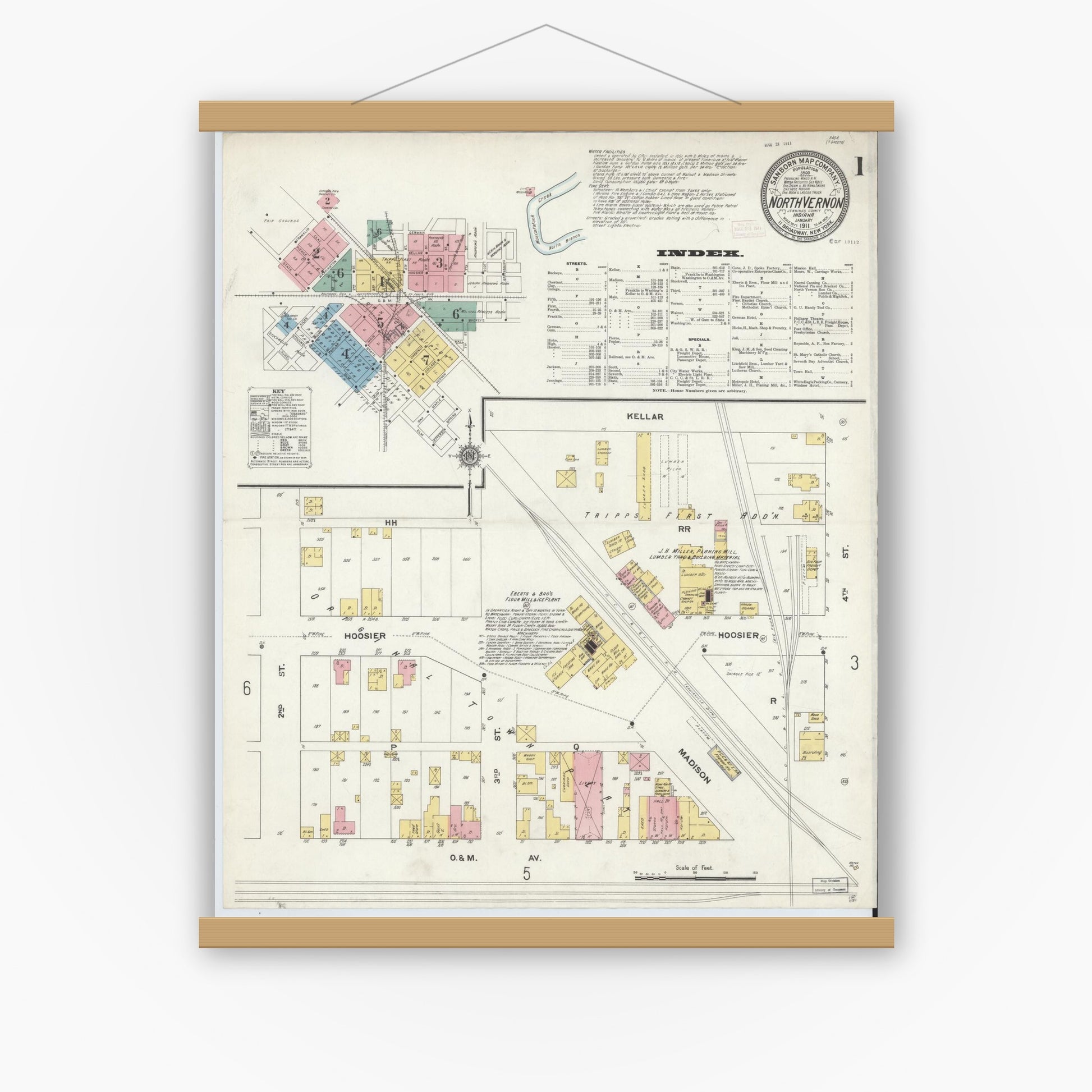 Old map wall art mockup — magnetic wood frame on white wall — Sanborn Fire Insurance Map from North Vernon, Jennings County, Indiana (1911) - Complete Map Set