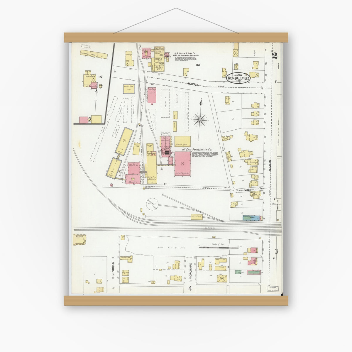 Old map wall art mockup — magnetic wood frame on white wall — Sanborn Fire Insurance Map from Kendallville, Noble County, Indiana (1904), Sheet #0002