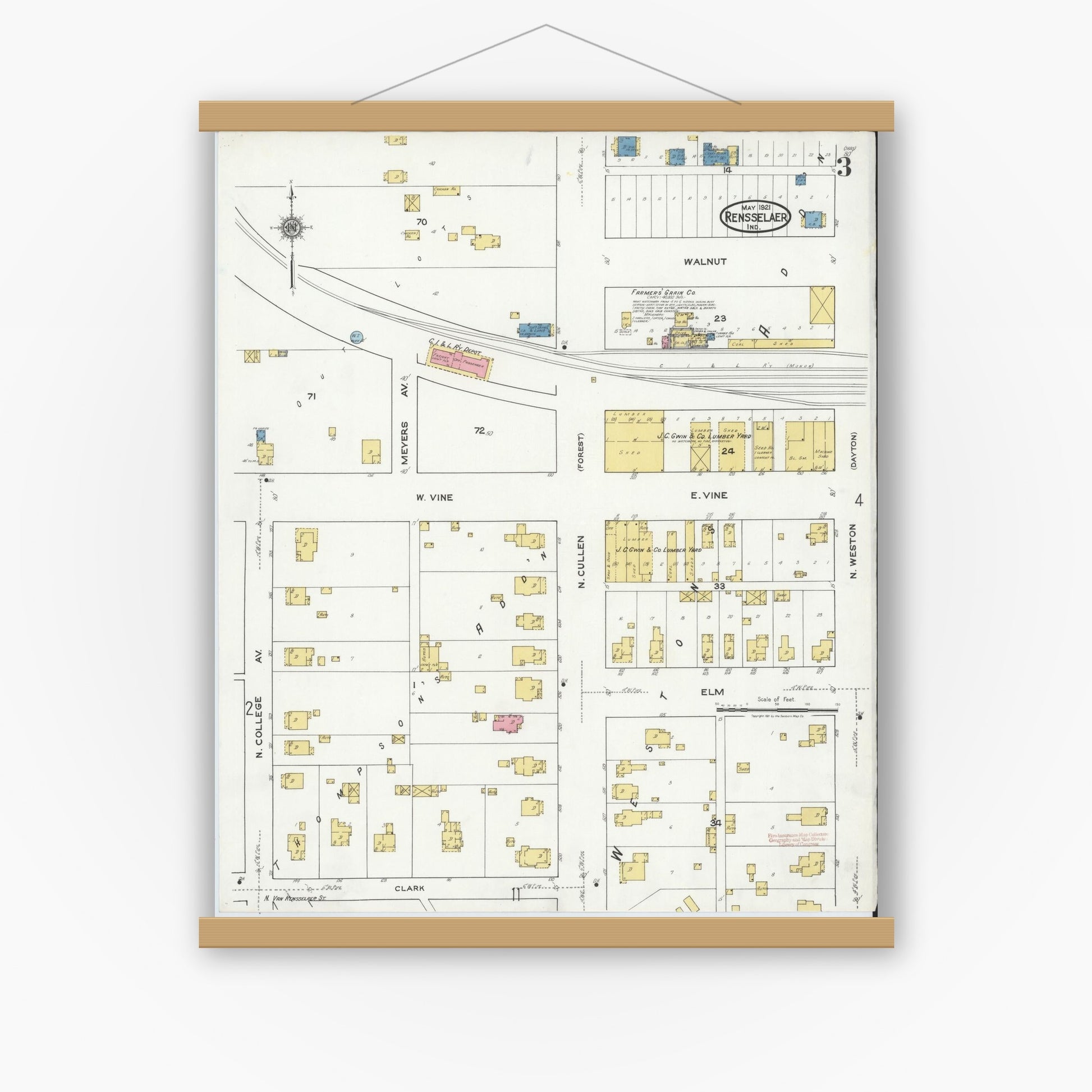 Old map wall art mockup — magnetic wood frame on white wall — Sanborn Fire Insurance Map from Rensselaer, Jasper County, Indiana (1921), Sheet #0003