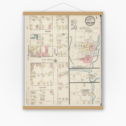 Old map wall art mockup — magnetic wood frame on white wall — Sanborn Fire Insurance Map from Knightstown, Henry County, Indiana (1885) - Complete Map Set