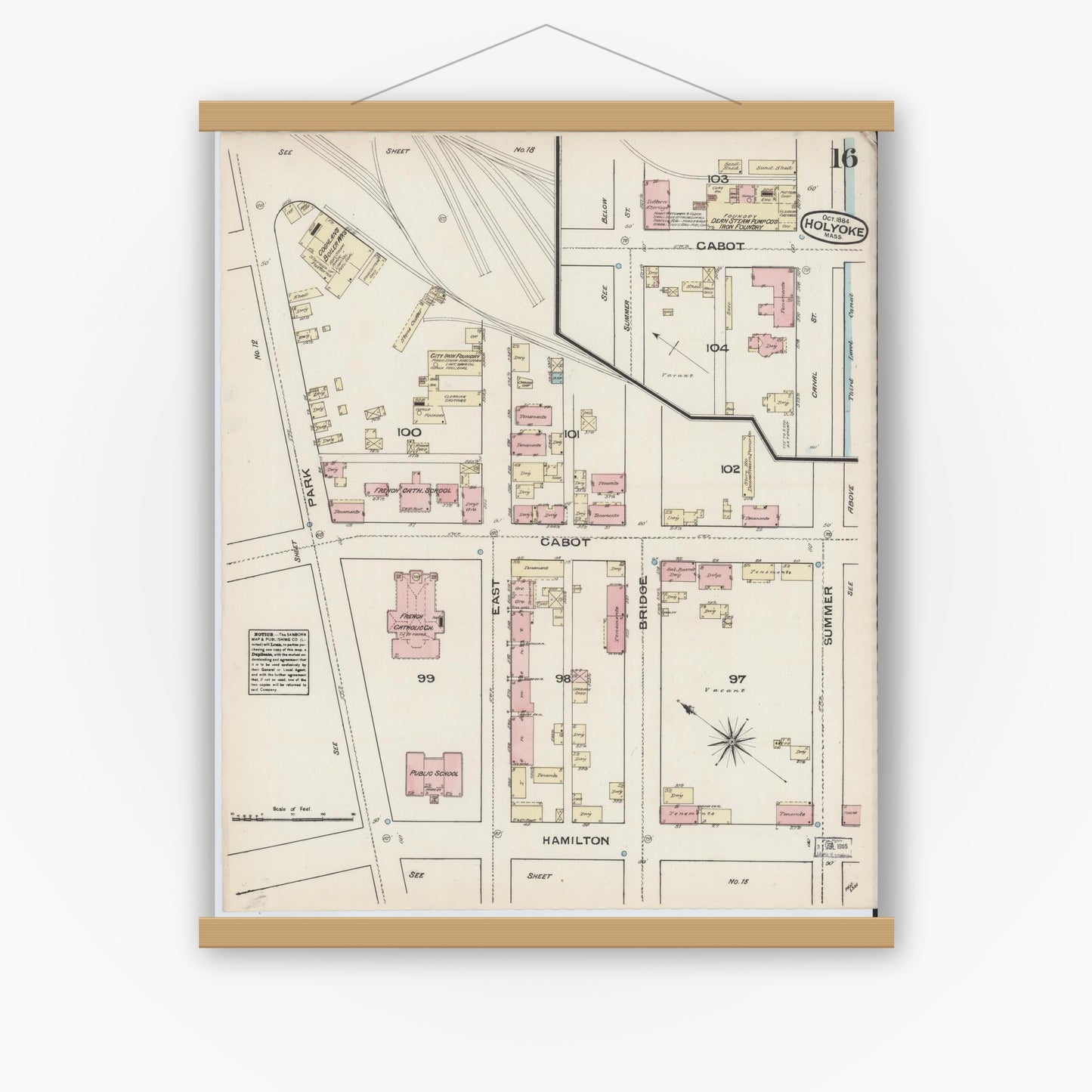 Old map wall art mockup — magnetic wood frame on white wall — Sanborn Fire Insurance Map from Holyoke, Hampden County, Massachusetts (1884), Sheet #0016