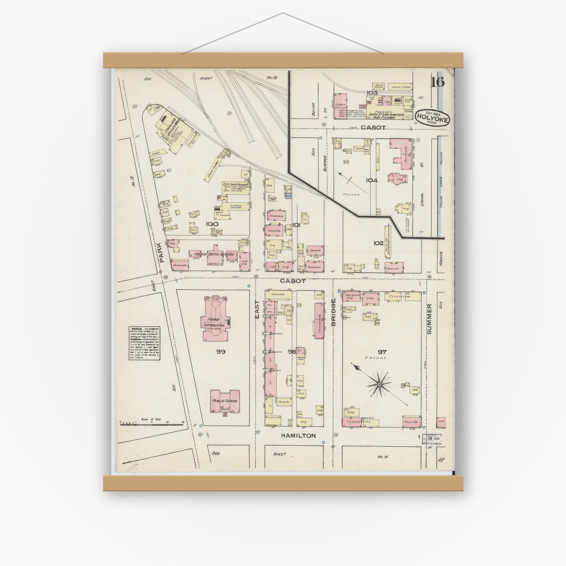 Old map wall art mockup — magnetic wood frame on white wall — Sanborn Fire Insurance Map from Holyoke, Hampden County, Massachusetts (1884), Sheet #0016