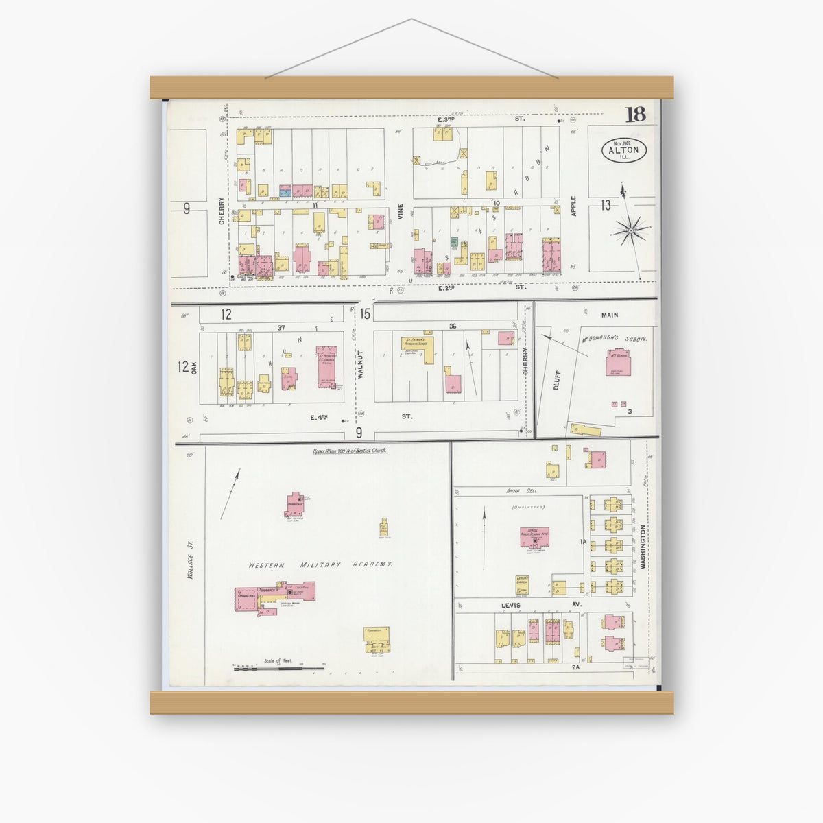 Old map wall art mockup — magnetic wood frame on white wall — Sanborn Fire Insurance Map from Alton, Madison County, Illinois (1902), Sheet #0018