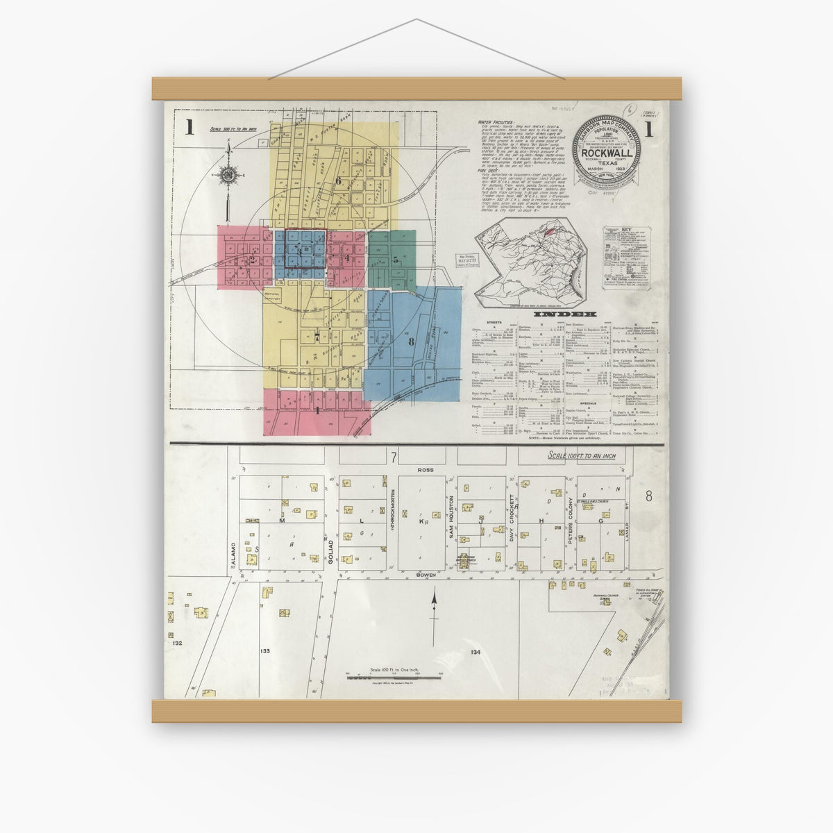 Old map wall art mockup — magnetic wood frame on white wall — Sanborn Fire Insurance Map from Rockwall, Rockwall County, Texas (1923) - Complete Map Set