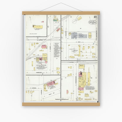 Old map wall art mockup — magnetic wood frame on white wall — Sanborn Fire Insurance Map from Circleville, Pickaway County, Ohio (1899), Sheet #0013
