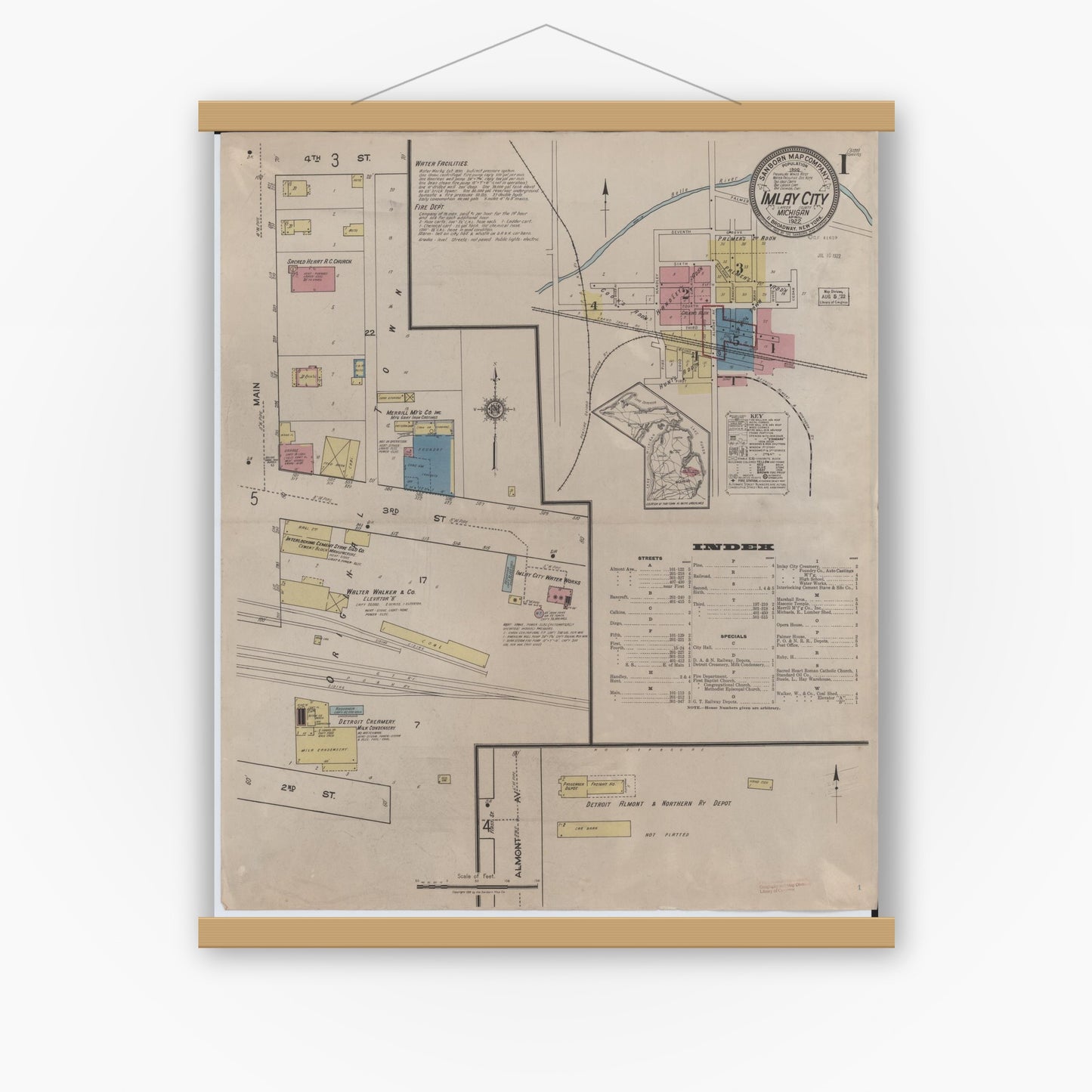 Old map wall art mockup — magnetic wood frame on white wall — Sanborn Fire Insurance Map from Imlay City, Lapeer County, Michigan (1922) - Complete Map Set
