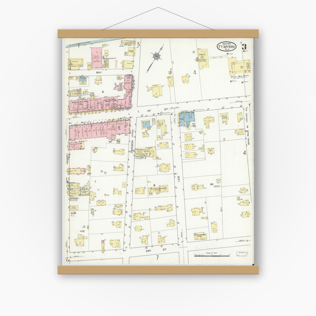 Old map wall art mockup — magnetic wood frame on white wall — Sanborn Fire Insurance Map from Fort Myers, Lee County, Florida (1914), Sheet #0003