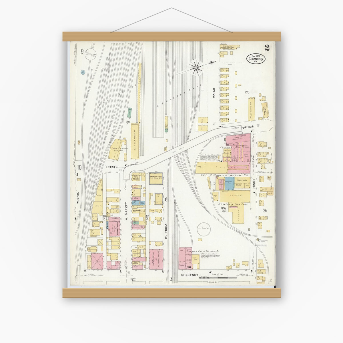 Old map wall art mockup — magnetic wood frame on white wall — Sanborn Fire Insurance Map from Corning, Steuben County, New York (1908) - Complete Map Set