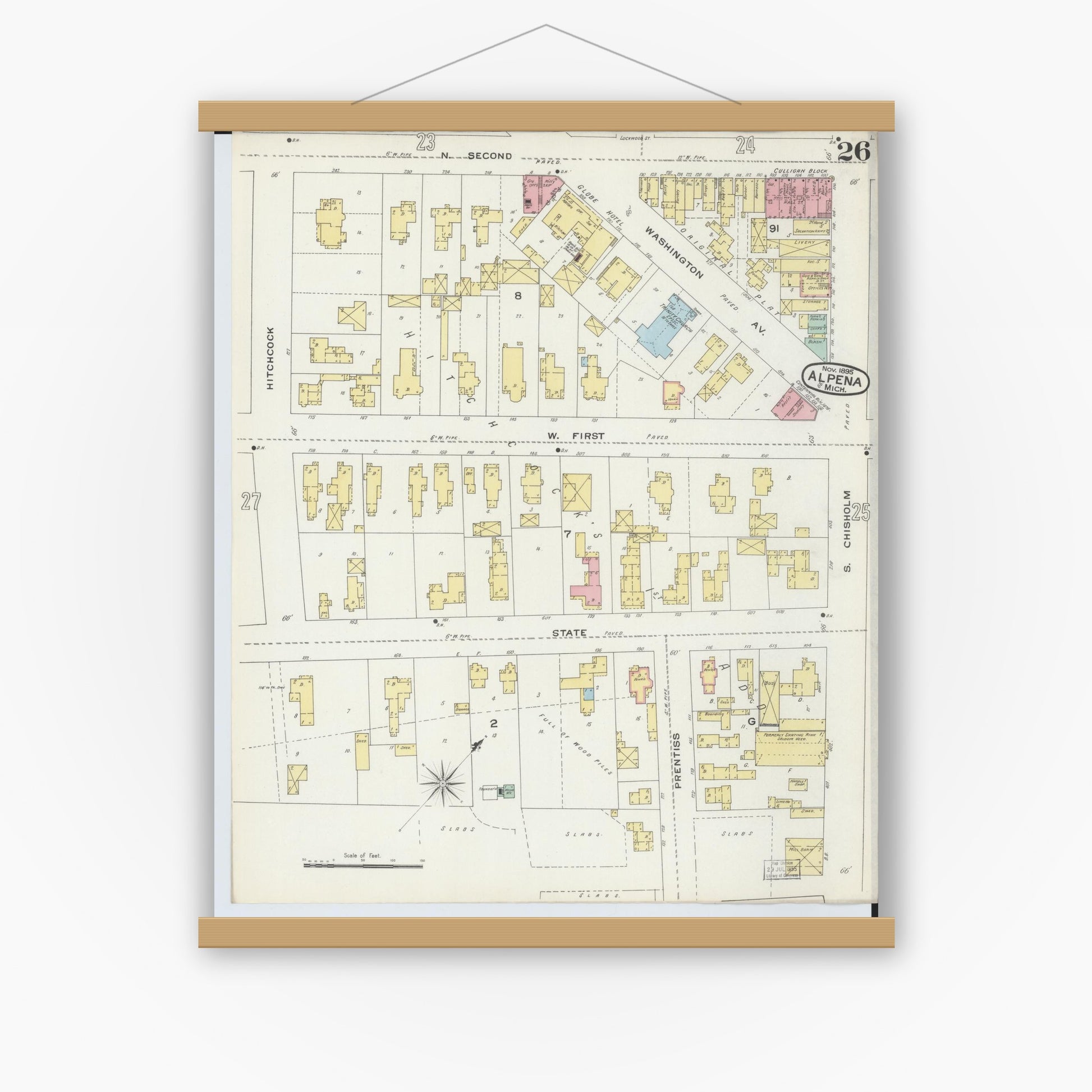 Old map wall art mockup — magnetic wood frame on white wall — Sanborn Fire Insurance Map from Alpena, Alpena County, Michigan (1895), Sheet #0026