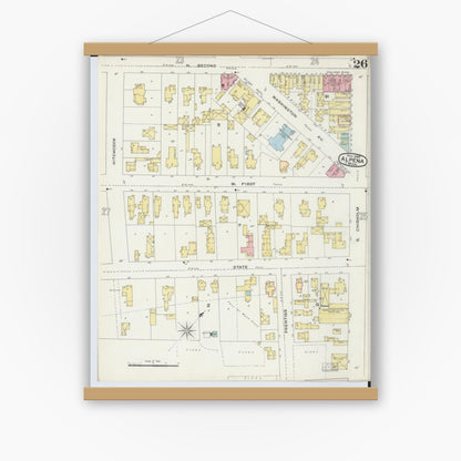 Old map wall art mockup — magnetic wood frame on white wall — Sanborn Fire Insurance Map from Alpena, Alpena County, Michigan (1895), Sheet #0026