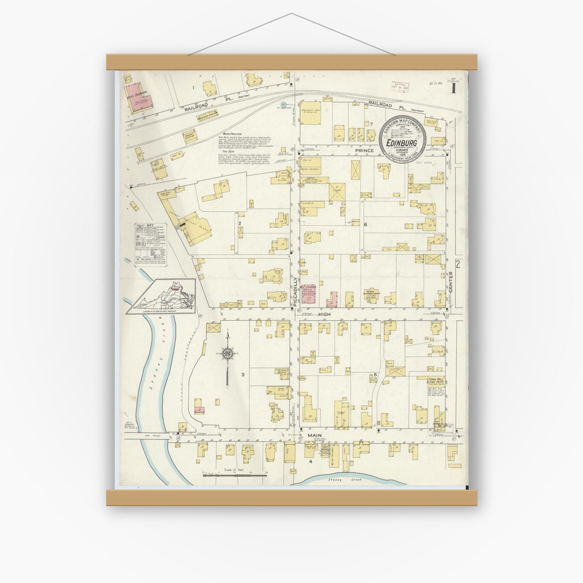Old map wall art mockup — magnetic wood frame on white wall — Sanborn Fire Insurance Map from Edinburg, Shenandoah County, Virginia (1915) - Complete Map Set