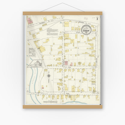 Old map wall art mockup — magnetic wood frame on white wall — Sanborn Fire Insurance Map from Edinburg, Shenandoah County, Virginia (1915) - Complete Map Set
