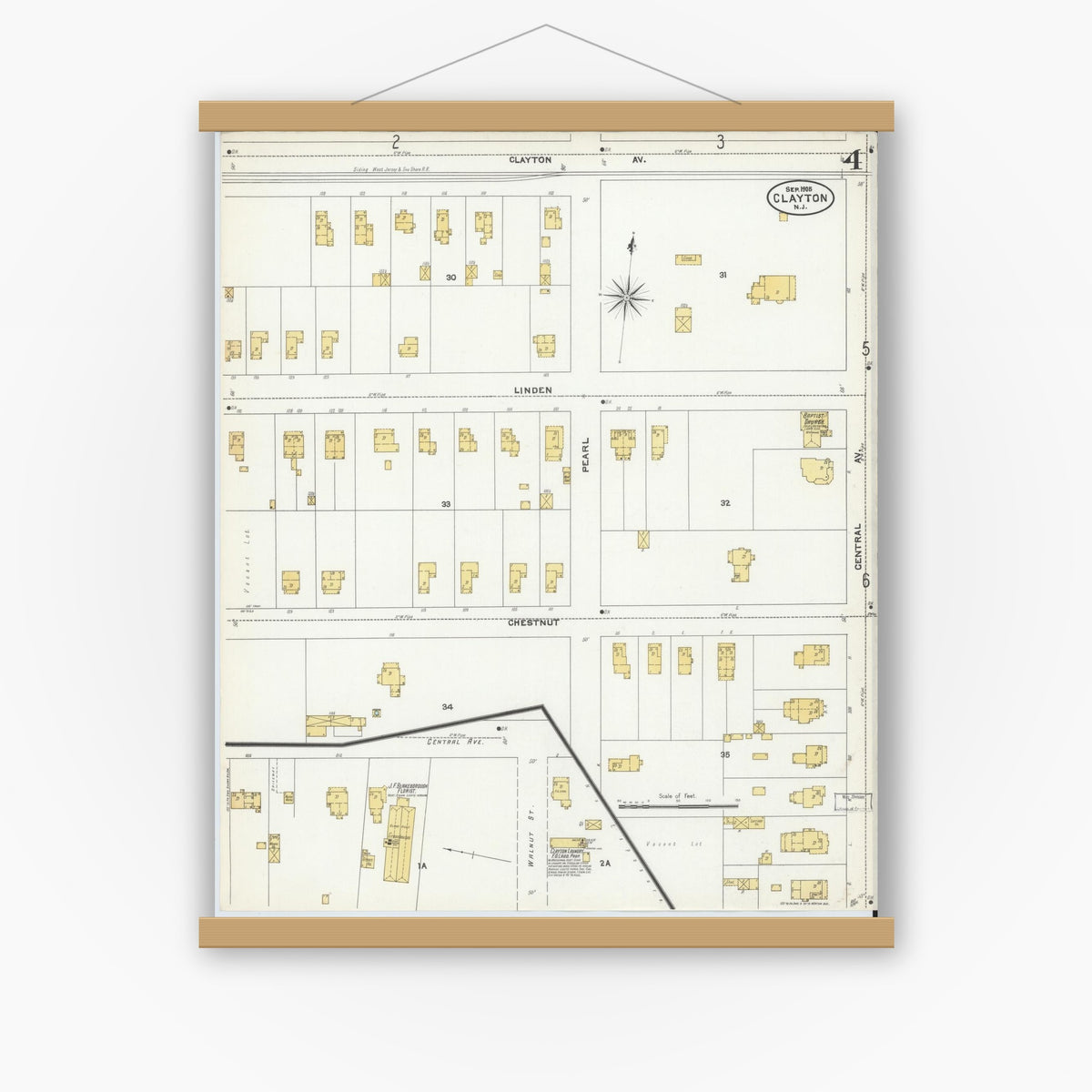 Old map wall art mockup — magnetic wood frame on white wall — Sanborn Fire Insurance Map from Clayton, Gloucester County, New Jersey (1905), Sheet #0004