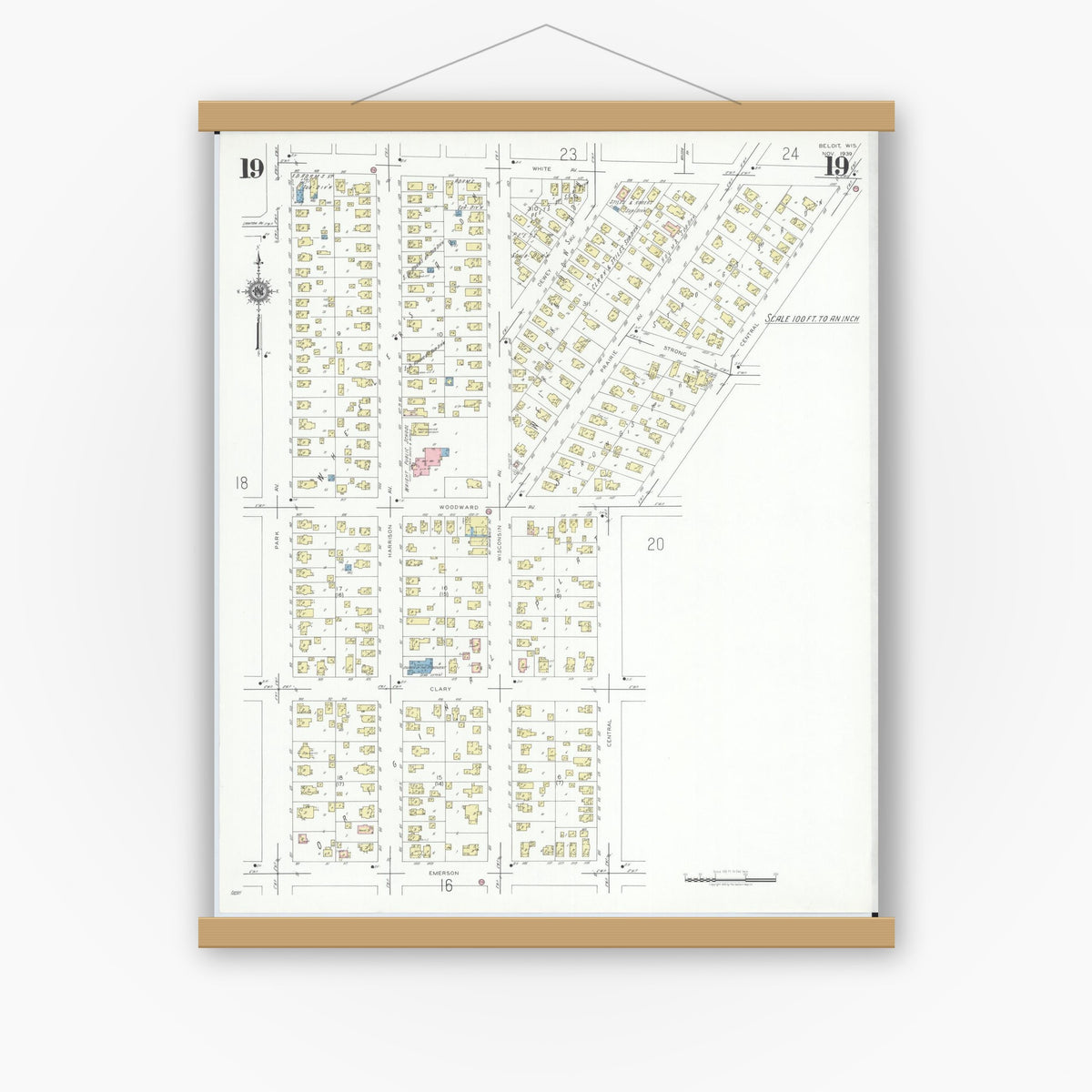 Old map wall art mockup — magnetic wood frame on white wall — Sanborn Fire Insurance Map from Beloit, Rock County, Wisconsin (1939), Sheet #0019