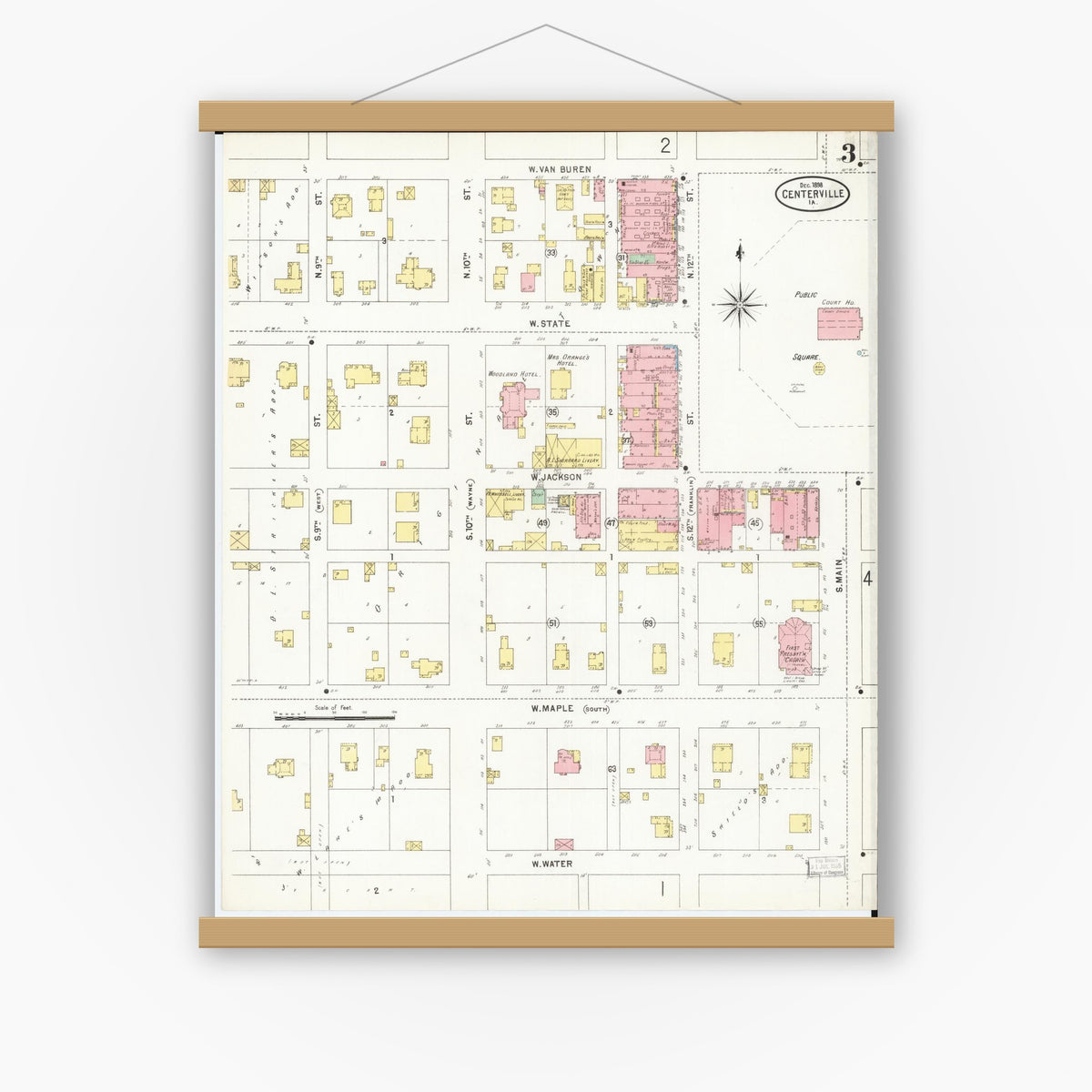 Old map wall art mockup — magnetic wood frame on white wall — Sanborn Fire Insurance Map from Centerville, Appanoose County, Iowa (1898), Sheet #0003