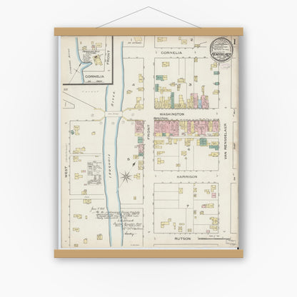 Old map wall art mockup — magnetic wood frame on white wall — Sanborn Fire Insurance Map from Rensselaer, Jasper County, Indiana (1886) - Complete Map Set
