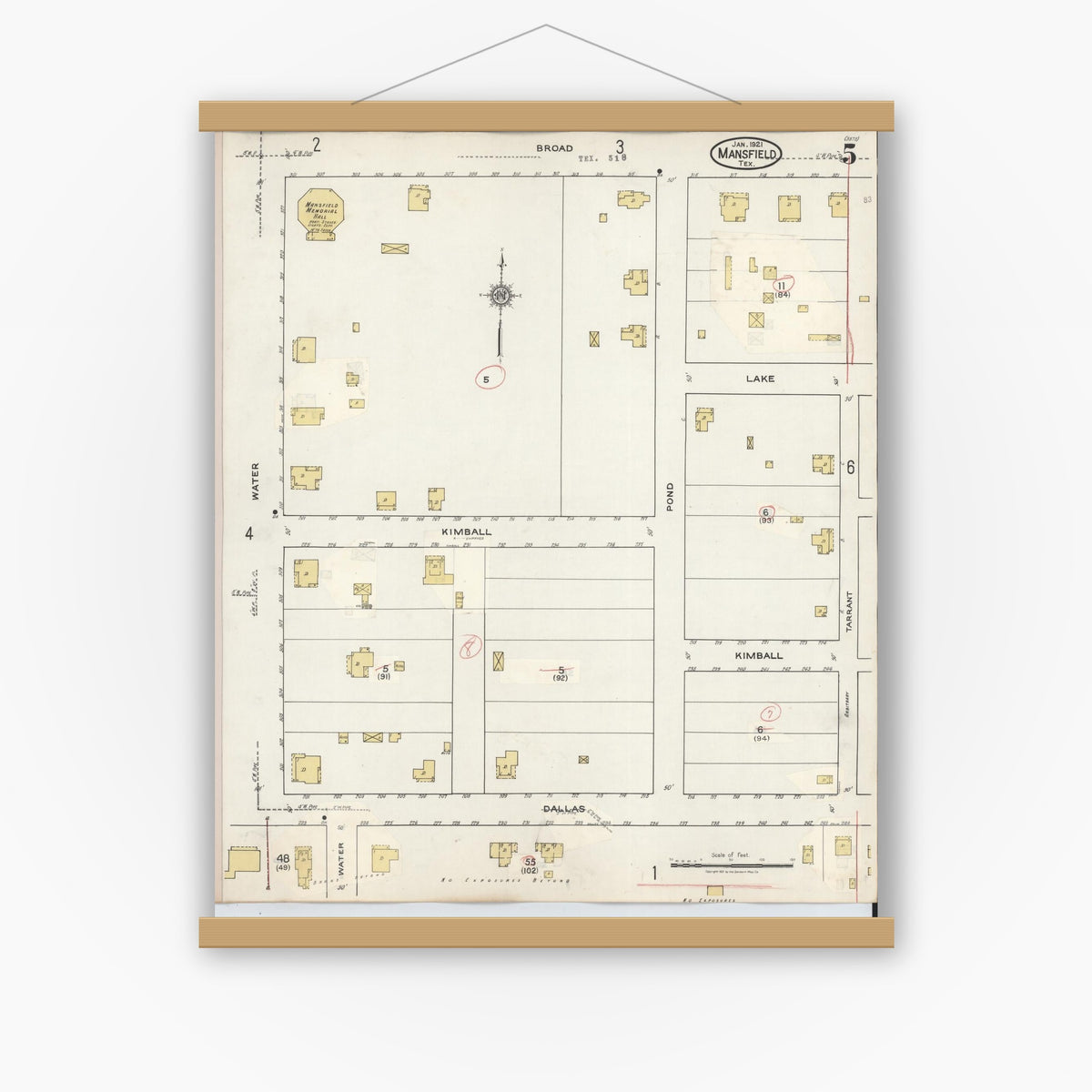 Old map wall art mockup — magnetic wood frame on white wall — Sanborn Fire Insurance Map from Mansfield, Tarrant County, Texas (1933), Sheet #0005