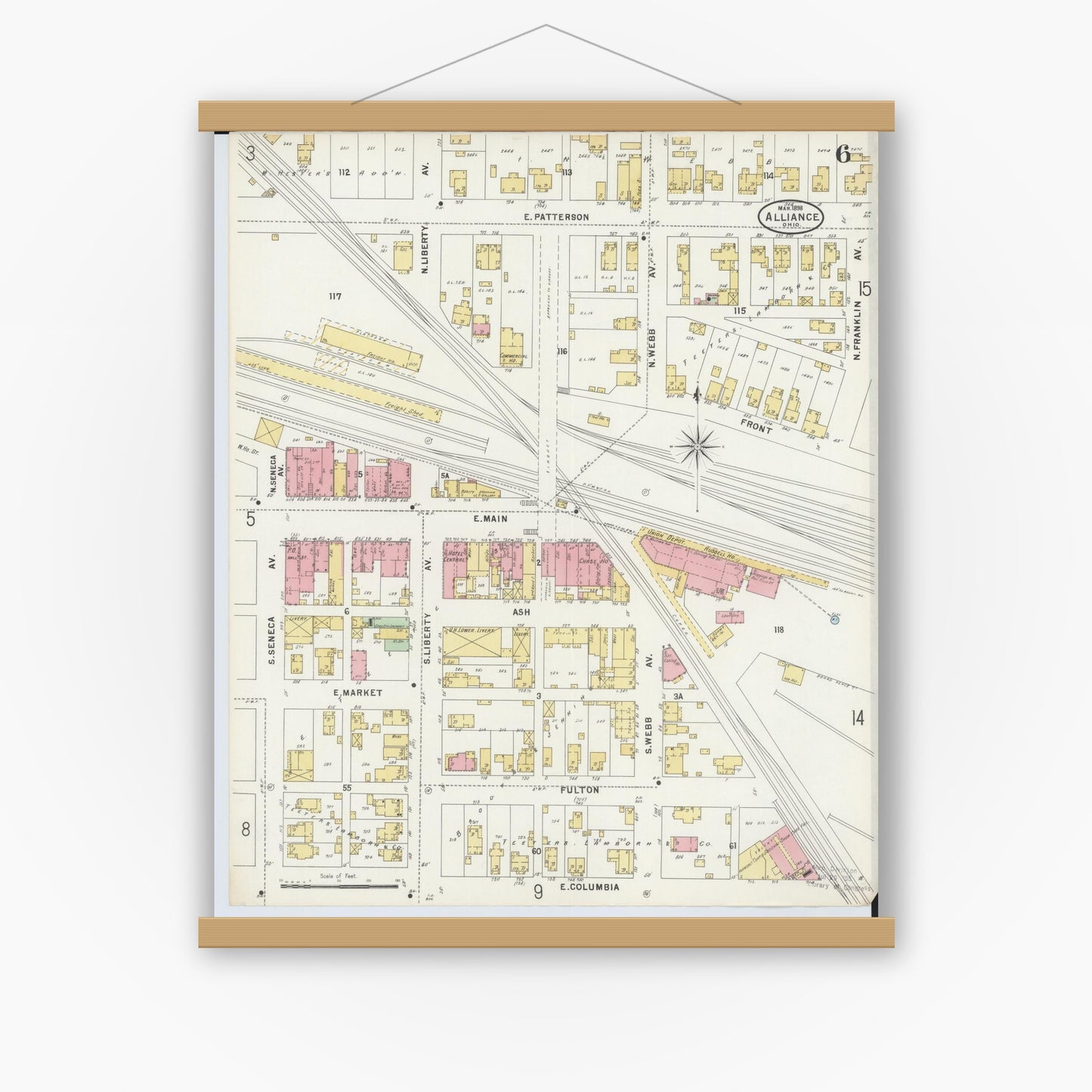 Old map wall art mockup — magnetic wood frame on white wall — Sanborn Fire Insurance Map from Alliance, Stark County, Ohio (1898), Sheet #0006