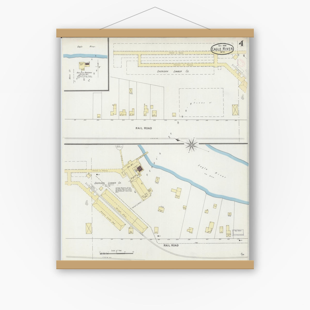 Old map wall art mockup — magnetic wood frame on white wall — Sanborn Fire Insurance Map from Eagle River, Vilas County, Wisconsin (1894), Sheet #0004