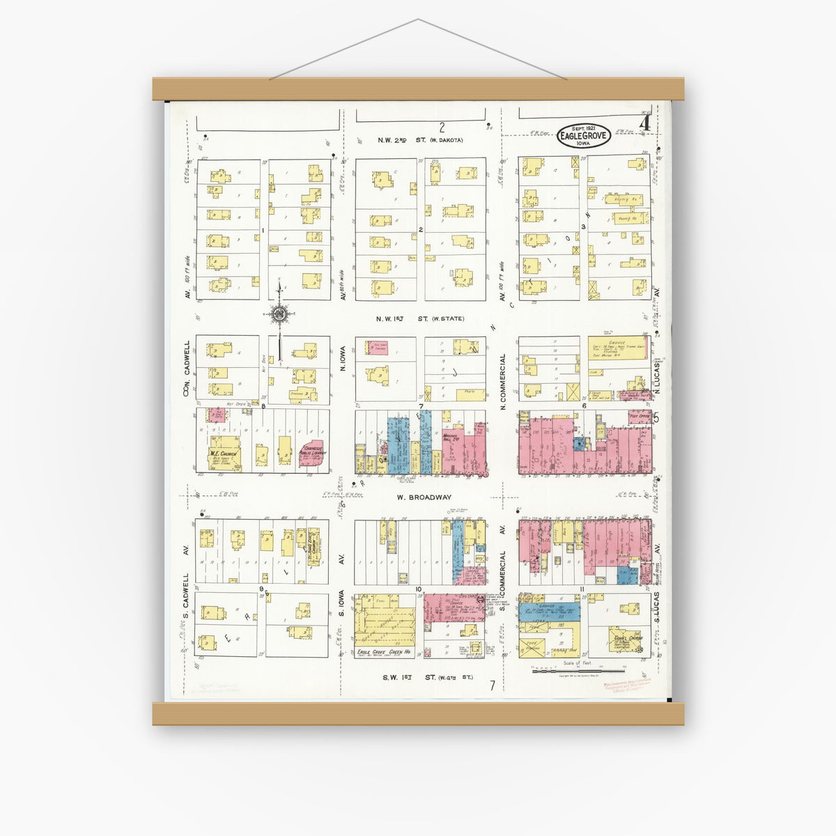 Old map wall art mockup — magnetic wood frame on white wall — Sanborn Fire Insurance Map from Eagle Grove, Wright County, Iowa (1921), Sheet #0004